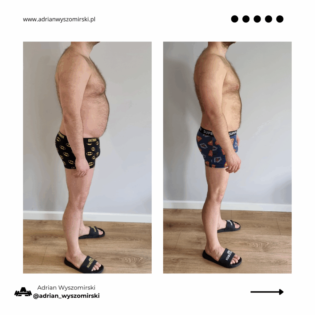 Efekt redukcji tłuszczu u mężczyzny 30+ – zdjęcie przed i po metamorfozie programu Redukcja PRO Warszawa Praga-Południe.