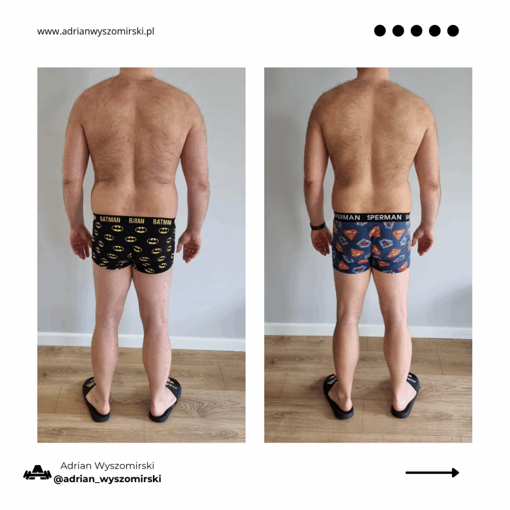Metamorfoza mężczyzny 30+ – efekty redukcji tłuszczu i poprawy postawy po programie Redukcja PRO Adrian Wyszomirski Warszawa.