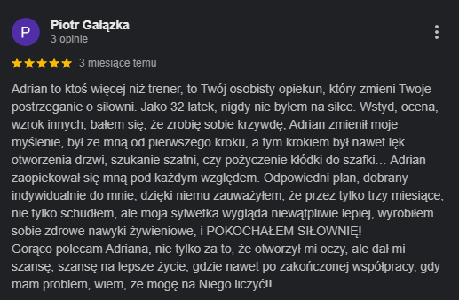 opinia Piotra o trenerze Adrianie Wyszomirski z Pragi Południe